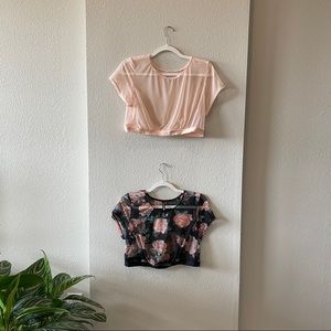 Sheer Pink & Black Rose Crop Top / Lingerie Set